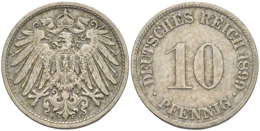 ГЕРМАНИЯ 10 ПФЕННИГОВ 1899 F KM 12, J. 13 медно-никель 4401-1055