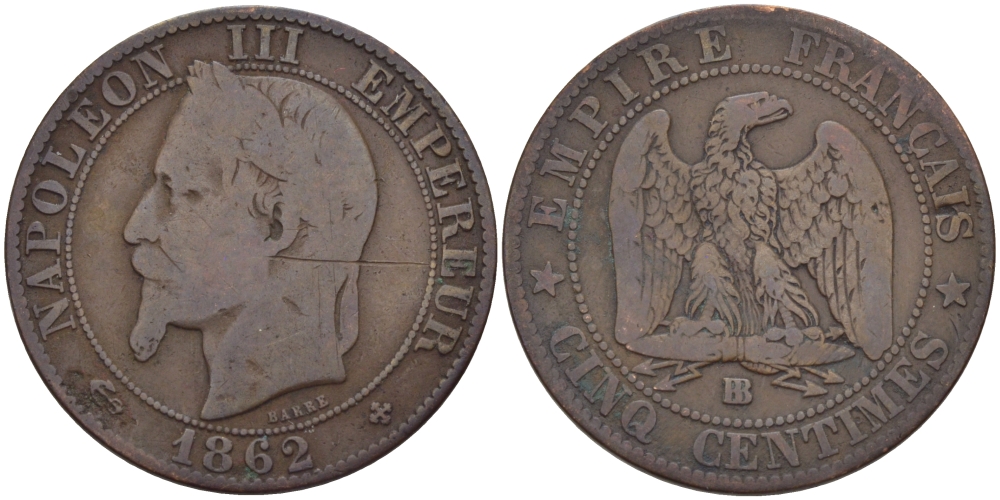 ФРАНЦИЯ 5 САНТИМОВ 1862 BB, НАПОЛЕОН III (1852-1870) KM 797.2, LA FRANC 117.6 бронза 28-652