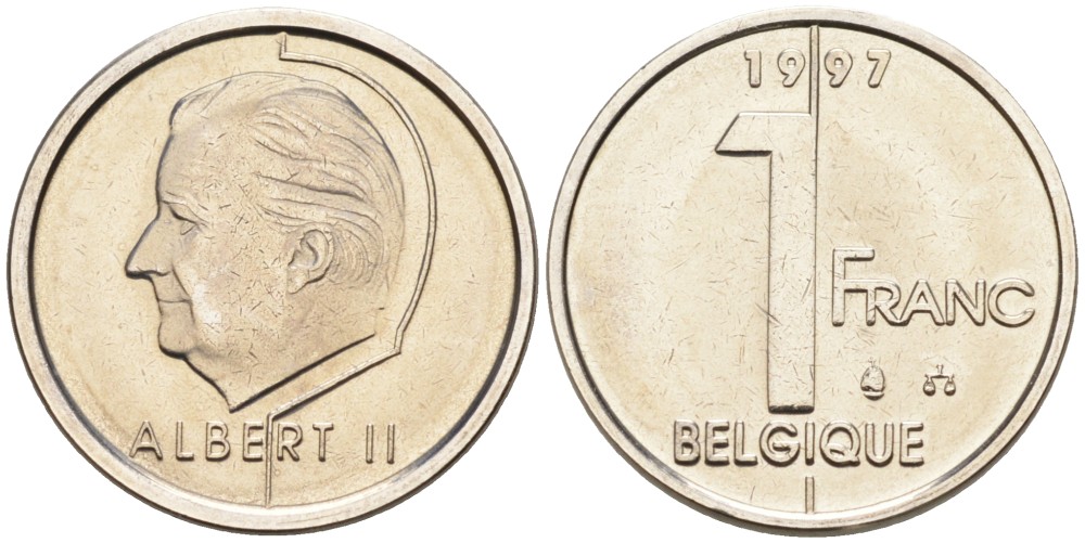 Бельгия 1 франк 1997 Belgique KM 187 железо плакированное никелем UNC 192-517