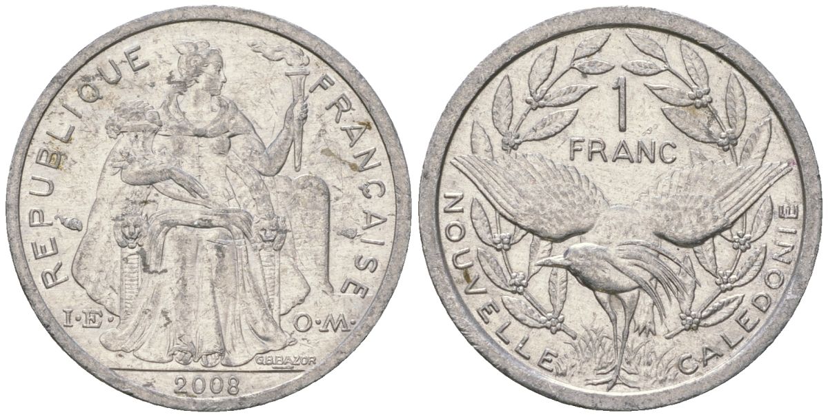 Французская Новая Каледония 1 франк 2008 птица кагу, (IEOM) KM 10, Schoen 10 алюминий 55-642