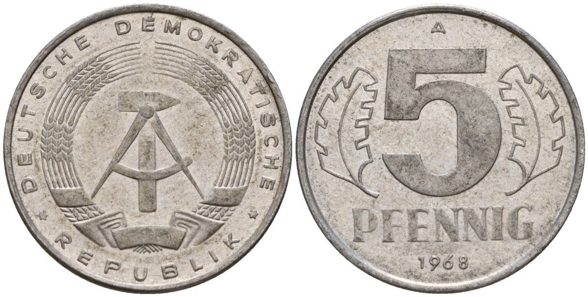 ГДР 5 пфеннигов 1968 A KM 9.1 алюминий 211-925
