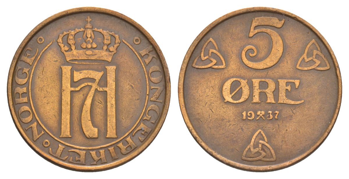 Норвегия 5 эре 1937 Хокон VII (1905-1957) KM 368 бронза 4635-527