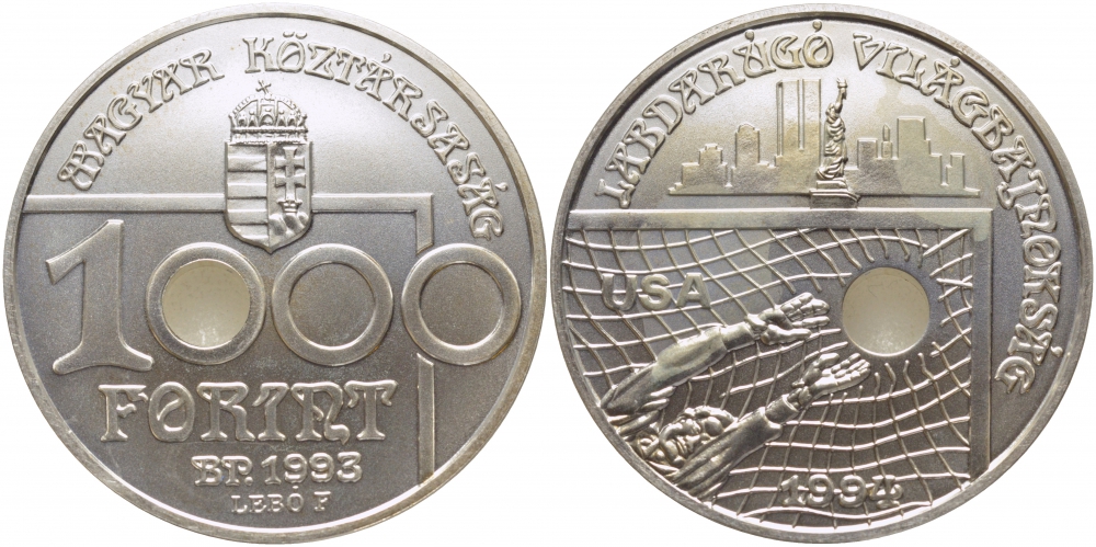 Венгрия 1000 форинтов 1993 ВР, чемпионат мира по футболу В США KM 706 серебро UNC 05-095-21