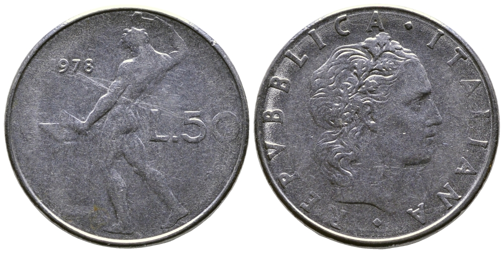 Италия 50 лир 1978 R, бог огня Вулкан у наковальни KM 95.1 нержавеющая сталь    4606-133