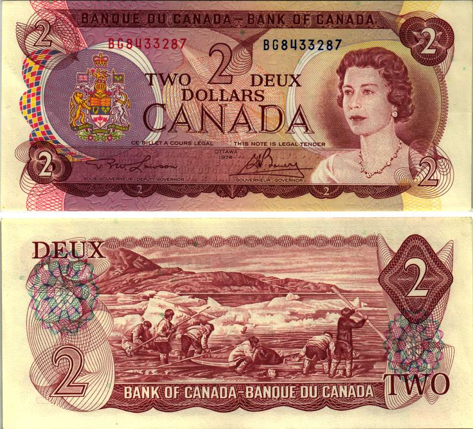 КАНАДА 2 ДОЛЛАРА 1974 ЕЛИЗАВЕТА II, ОХОТА ЭСКИМОСОВ, ЛОДКА, ПОДПИСЬ LAWSON-BOUEY Pick 86a бумага aUNC 7485-48-1