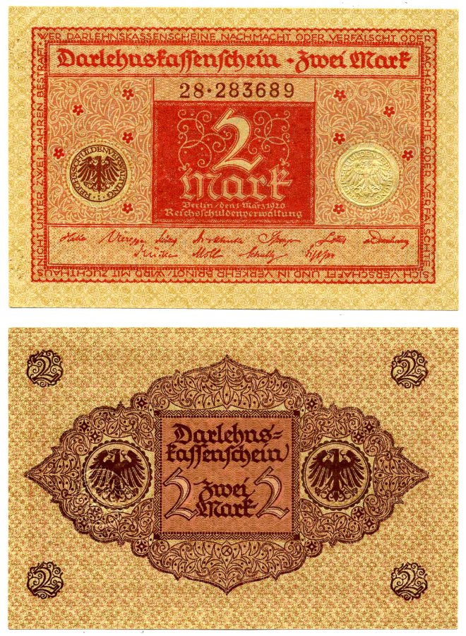 Германия 2 марки 1920 1 марта 1920, красная, серия 28 Pick 59, Розенберг 65b бумага aUNC 2195-35-2-1