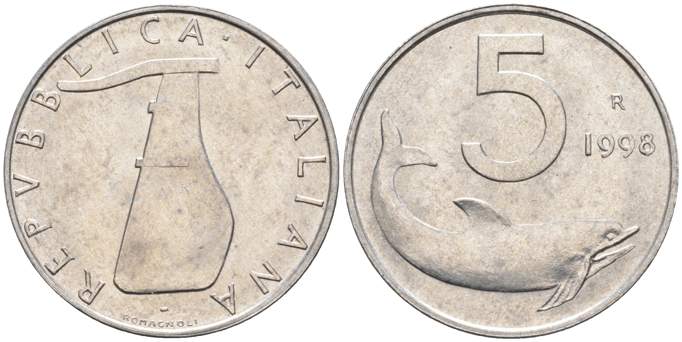 Италия 5 лир 1998 R, дельфин KM 92 алюминий  UNC  4594-754