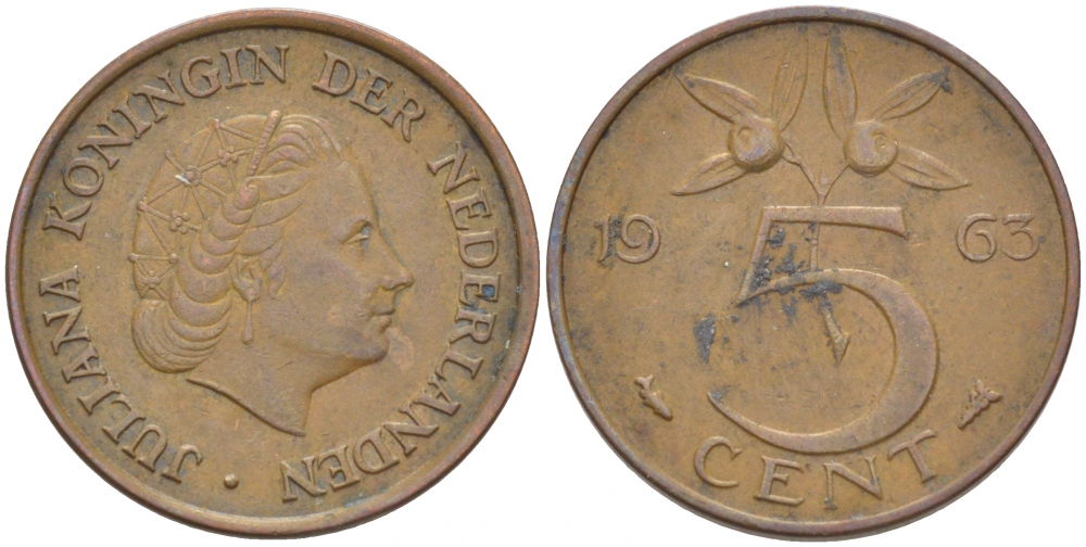 НИДЕРЛАНДЫ 5 ЦЕНТОВ 1963 ЮЛИАНА KM 181 бронза 214-817