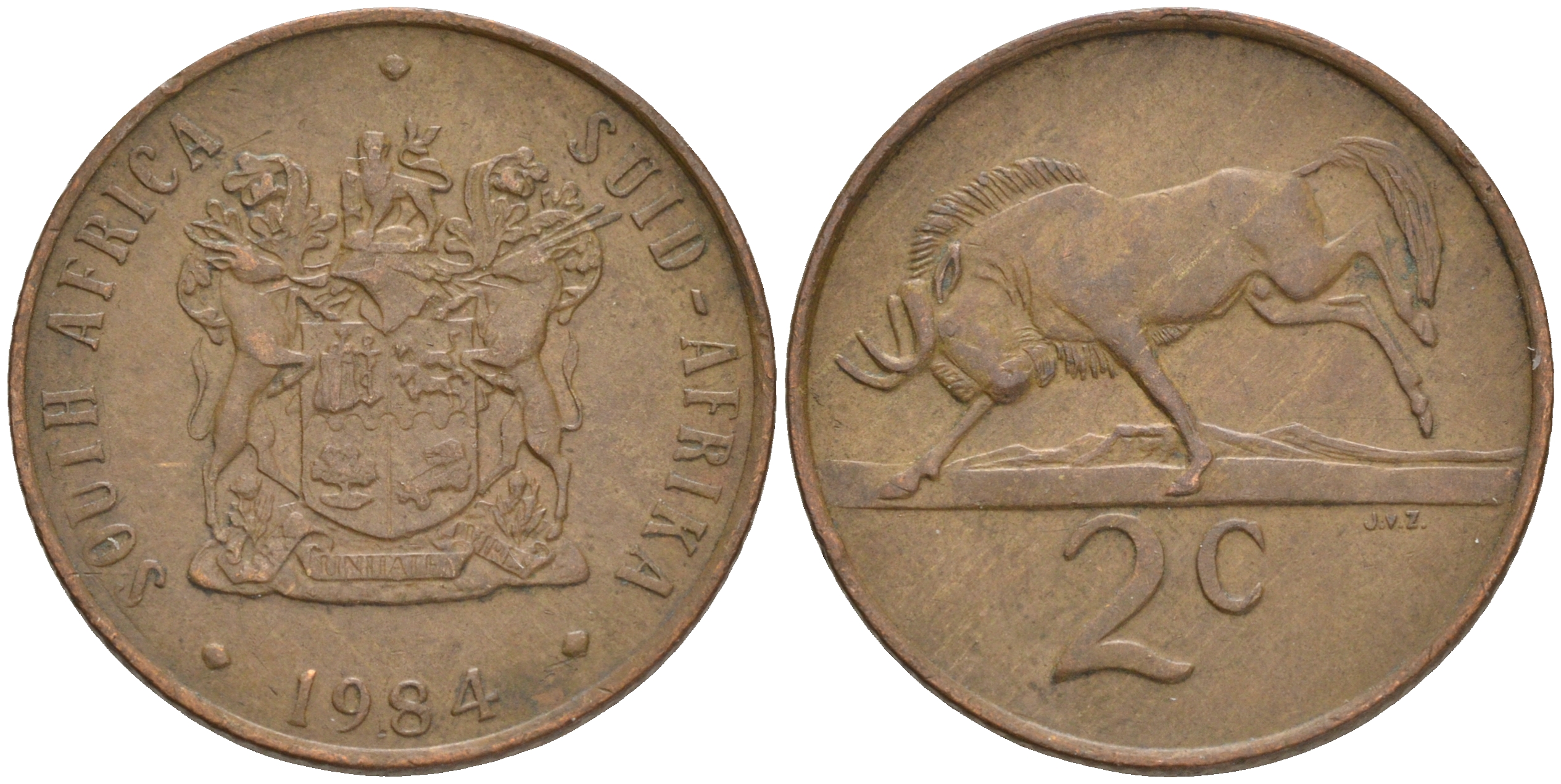 ЮАР 2 цента 1984 герб, антилопа гну KM 83 бронза 4561-726
