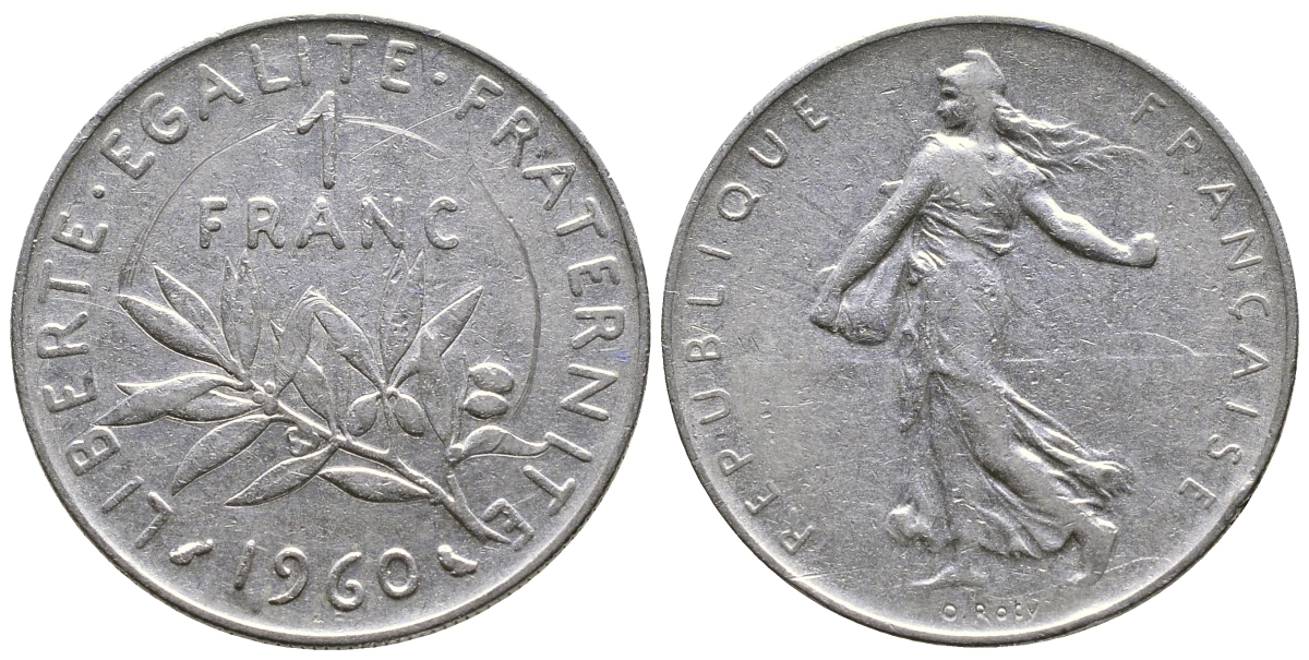 ФРАНЦИЯ 1 ФРАНК 1960 СЕЯТЕЛЬ KM 925.1, LE FRANC 226.4 никель 4385-912