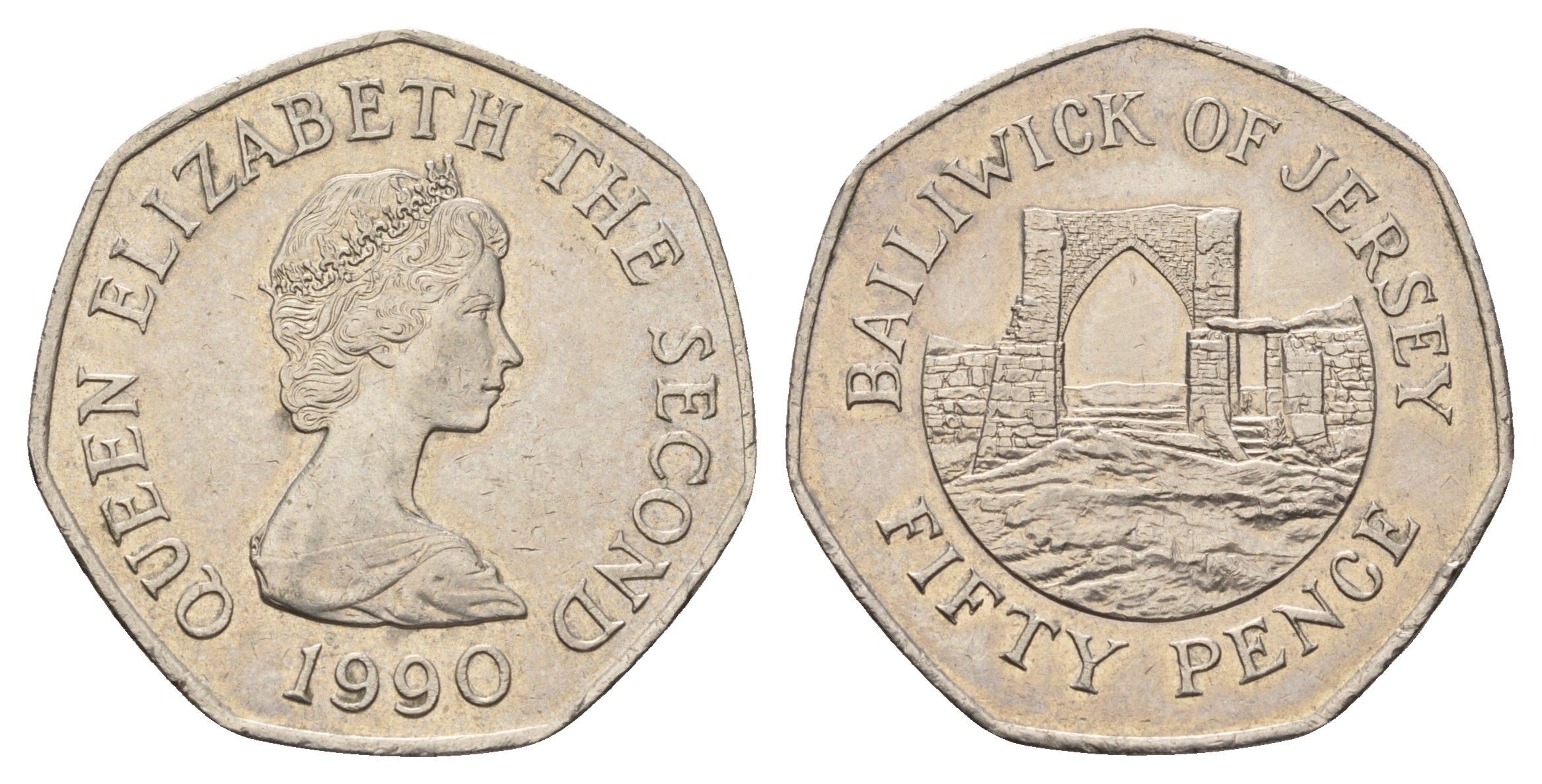 Джерси50 пенсов1990замок Гросне, Елизавета II (1952-2022)KM 58.1медно-никель3334-333