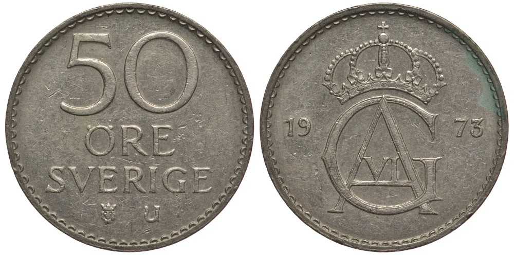 Швеция 50 эре 1973 U, Густав VI Адольф (1950-1973) KM 837 медно-никель 113-813