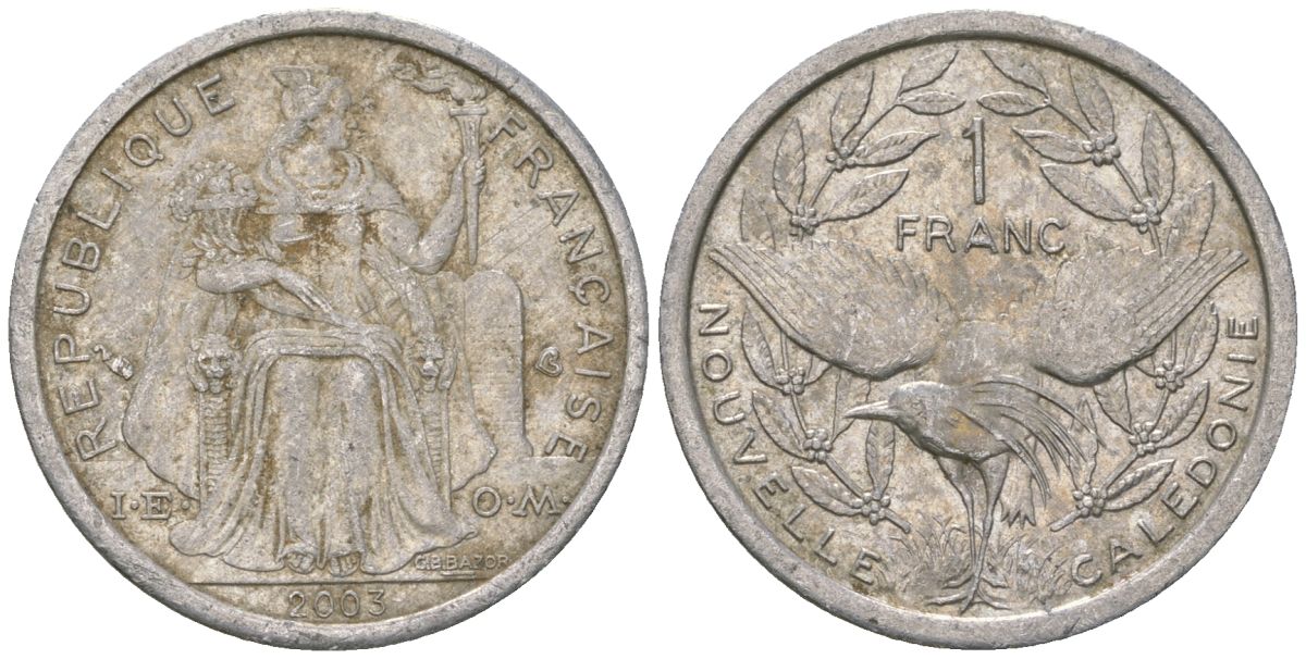 Французская Новая Каледония 1 франк 2003 птица кагу, (IEOM) KM 10, Schoen 10, Lec 52h алюминий 46-1344