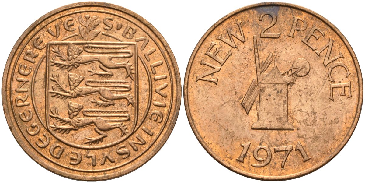 Гернси 2 пенса 1971 Елизавета II (1952-2022), ветряная мельница KM 22 бронза 4153-711