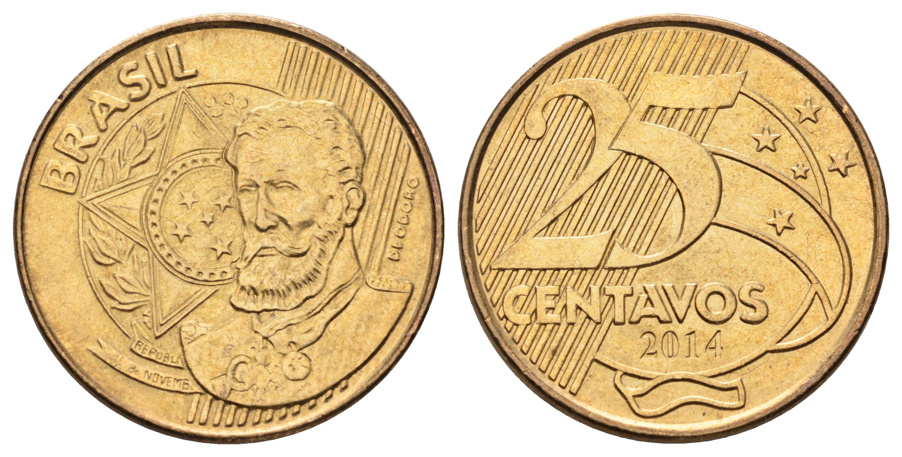 Бразилия 25 сентаво 2014 KM 650 сталь плакированная латунью UNC 4666-143