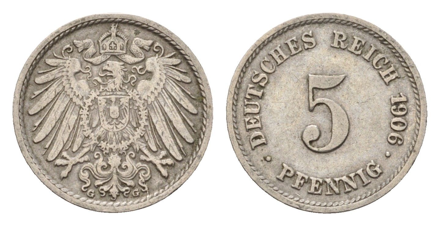Германия 5 пфеннигов 1906 G, Вильгельм II (1888-1918) KM 11, J. 12 медно-никель 4636-148