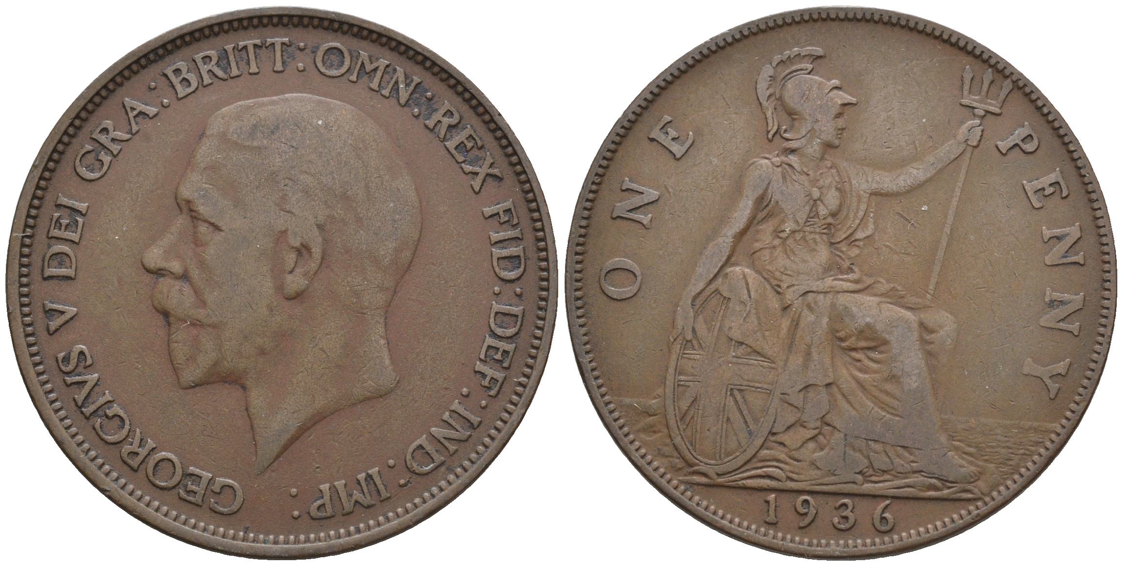 Великобритания 1 пенни 1936 Георг V (1910-1936) KM 838, Spink 4055 бронза 4607-1113