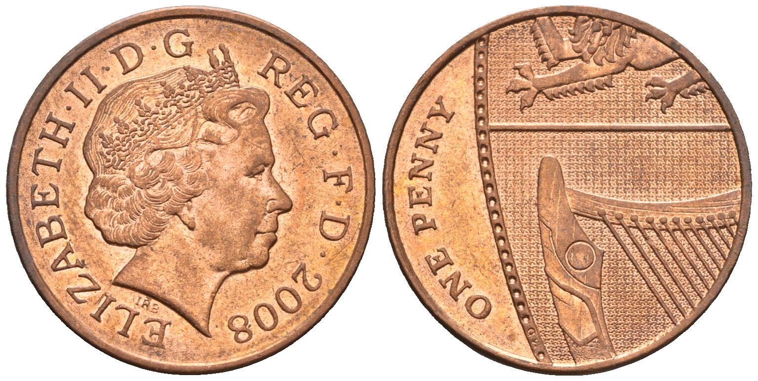 Великобритания 1 пенни 2008 Елизавета II (1952-2022) KM 1107, Spink B6 сталь плакированная медью 4609-646