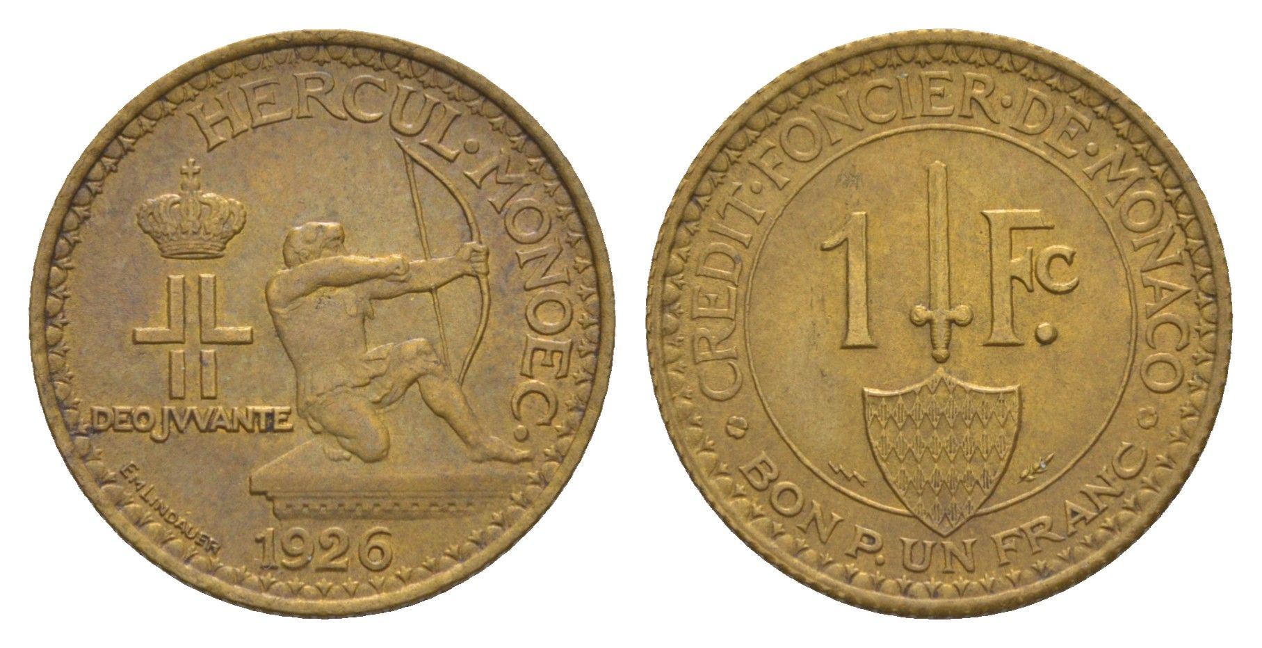 Монако 1 франк 1926 год-тип KM 114 алюминиевая бронза aUNC 5010-843