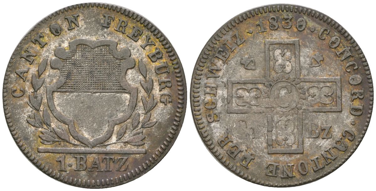 Швейцарские кантоны 1 батцен 1830 кантон Фрибур KM 88 серебро    4584-244