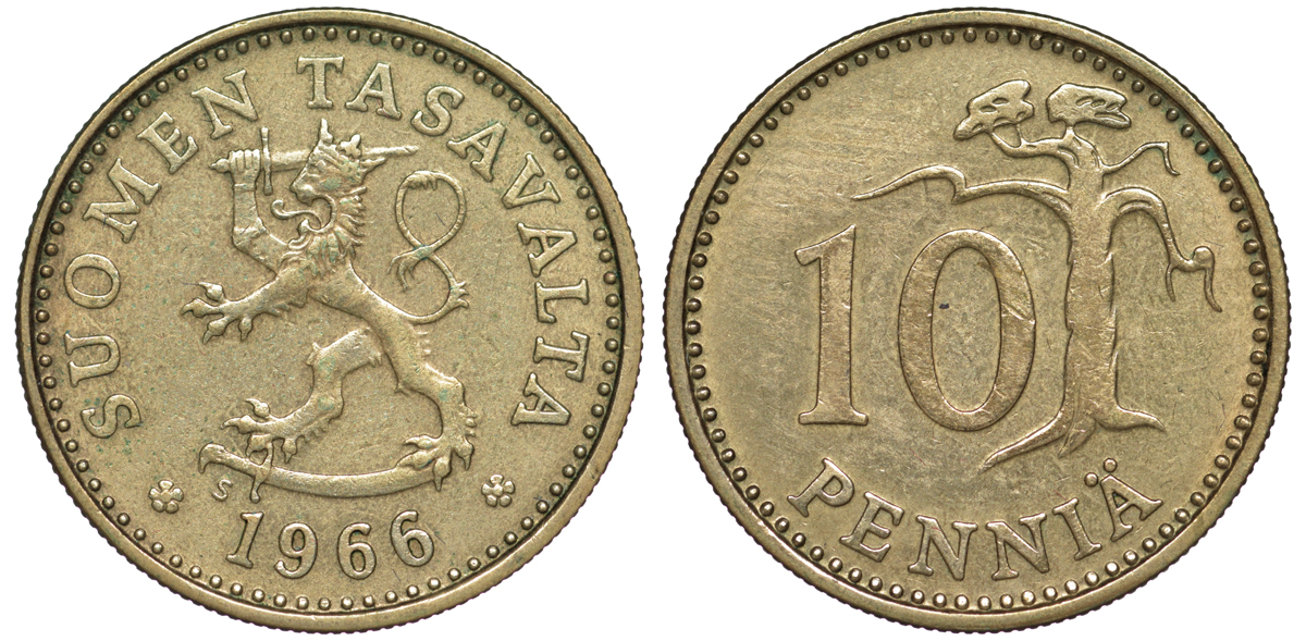 Финляндия 10 пенни 1966 S KM 46 алюминиевая бронза 3334-1122