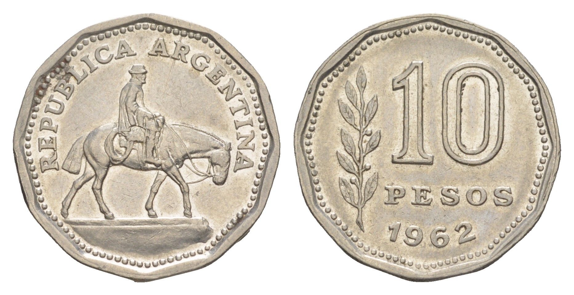Аргентина 10 песо 1962 KM 60 сталь плакированная никелем 4153-847