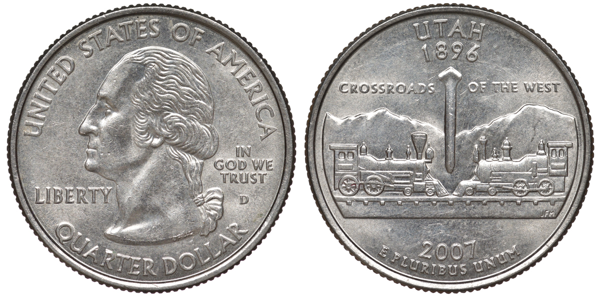 США 25 центов (квотер) 2007 D, серия штаты США, Юта KM 400 медь плакированная медно-никелем 4541-345