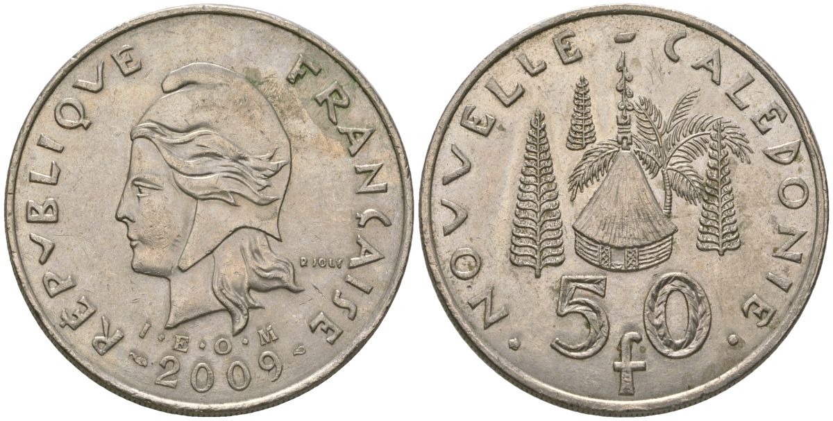 Французская Новая Каледония 50 франков 2009 хижина среди сосен и пальм, (IEOM) KM 13a, Schoen 15a, Lec 128i медно-никель 115-543