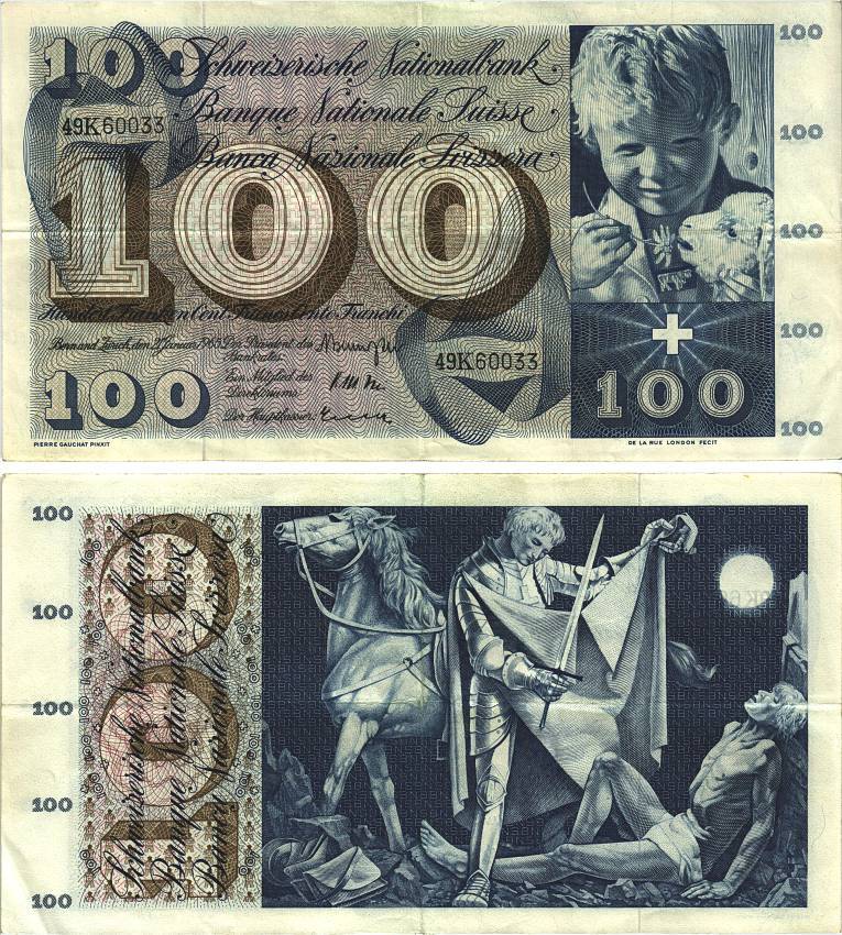 Швейцария 100 франков 1965 23 декабря 1965, серия 49 K, подпись 41 Pick 49 h бумага 8606-22-1-1