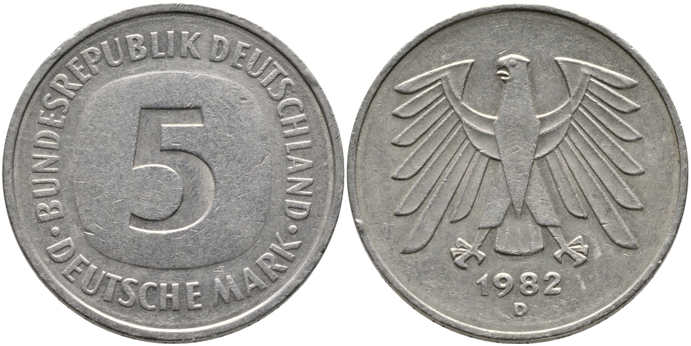 ФРГ 5 марок 1982 D KM 140.1, J. 415 медно-никель плакированный никелем 97-844