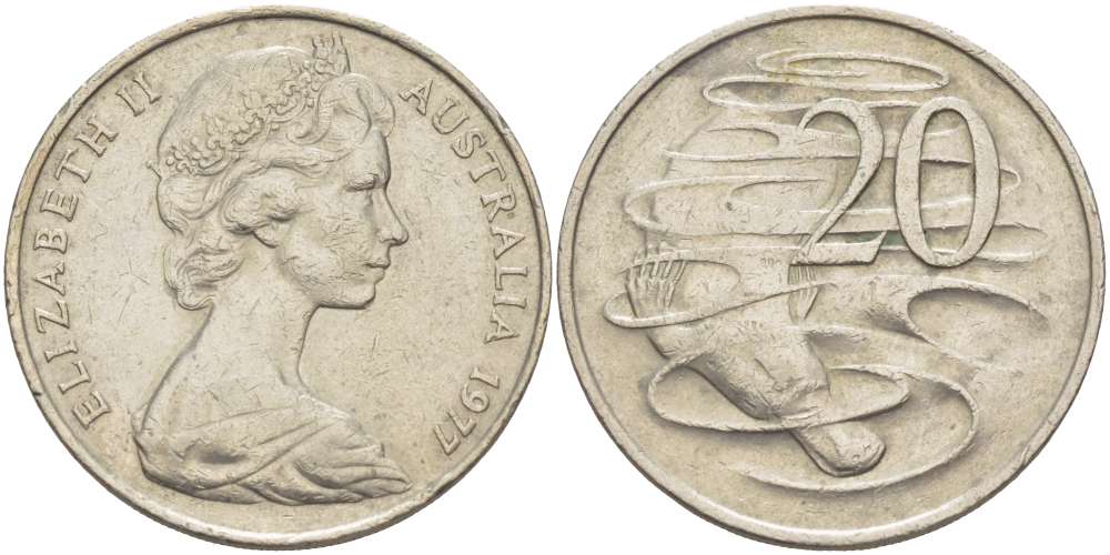 АВСТРАЛИЯ 20 ЦЕНТОВ 1977 ЕЛИЗАВЕТА II (1953-), УТКОНОС KM 66 медно-никель 4521-132