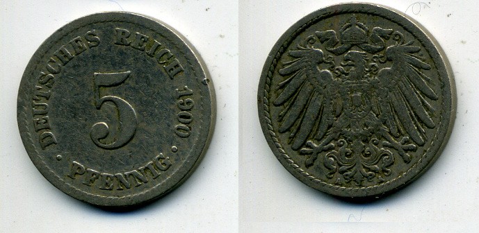 ГЕРМАНИЯ 5 ПФЕННИГОВ 1900 A, KM 11, J. 12 медно-никель 58-1212