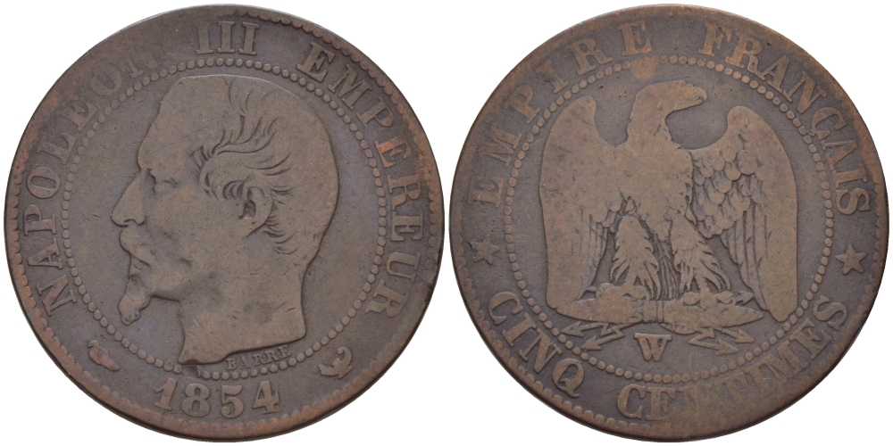 ФРАНЦИЯ 5 САНТИМОВ 1854 W, НАПОЛЕОН III (1852-1870) KM 777.7, LE FRANC 116.15 бронза 28-711