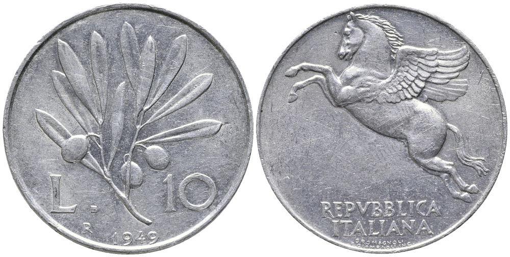 Италия 10 лир 1949 R, оливковая ветвь, пегас KM 90 алюминий 32-942