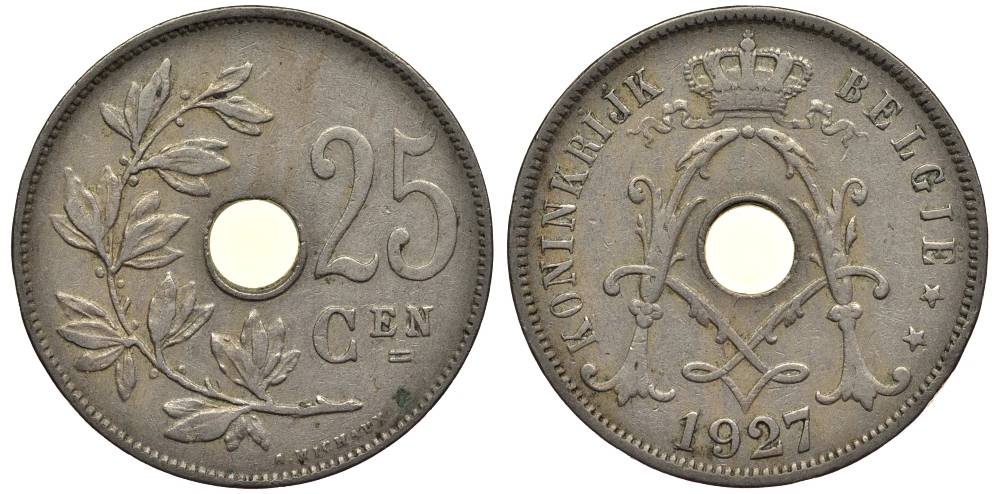 БЕЛЬГИЯ 25 САНТИМОВ 1927 BELGIE, АЛЬБЕРТ I (1909-1934) KM 69 медно-никель 27-933