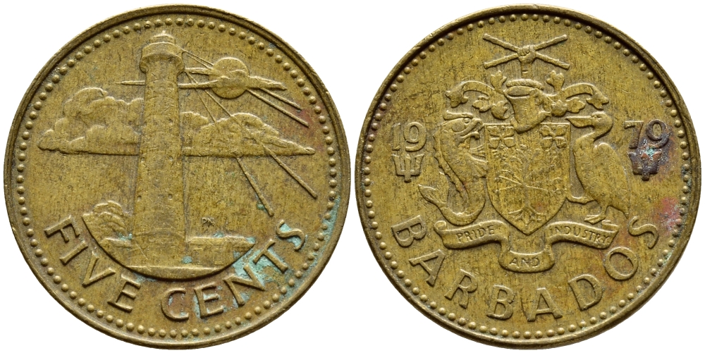 Барбадос 5 центов 1979 маяк Саут-Пойнт KM 11 латунь 4398-525