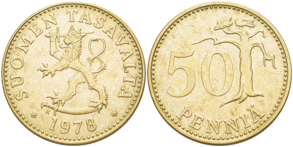 ФИНЛЯНДИЯ 50 ПЕННИ 1978 K KM 48 алюминиевая бронза UNC 212-1114