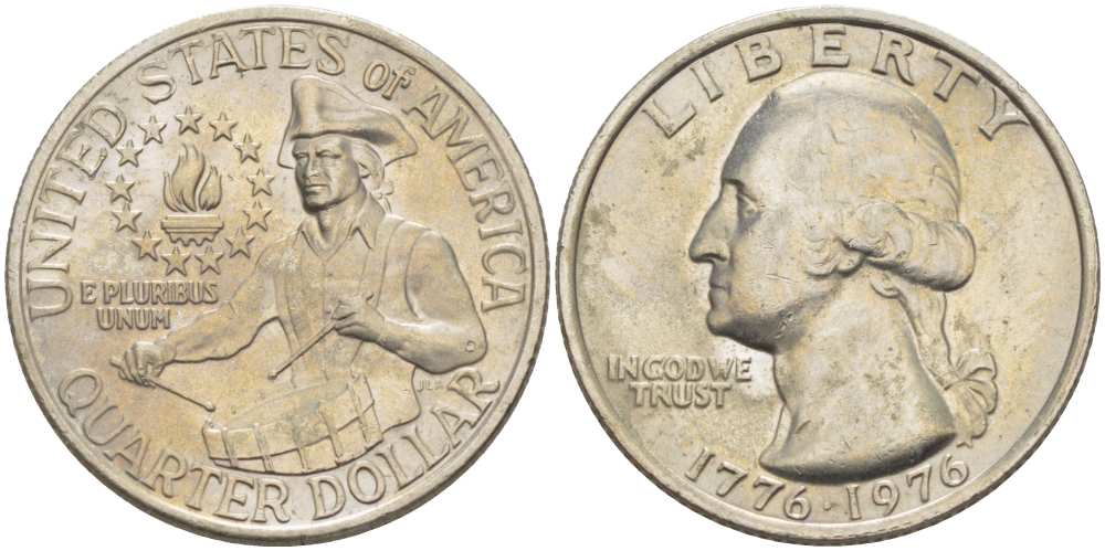 США 25 центов = квотер 1976 200 лет независимости (1776-1976), Вашингтон, барабанщик KM 204 медь плакированная медно-никелем 217-116