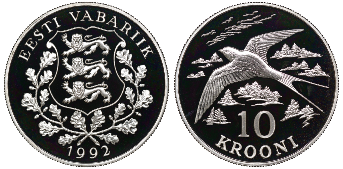 Эстония 10 крон 1992 ласточка, с сертификатом KM 26 серебро PROOF 1065-1-31