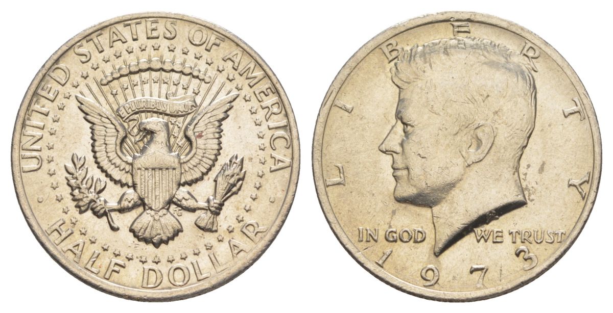 США 1/2 доллара (50 центов) 1973 D, Джон Кеннеди KM 202b медь плакированная медно-никелем aUNC 4517-1216