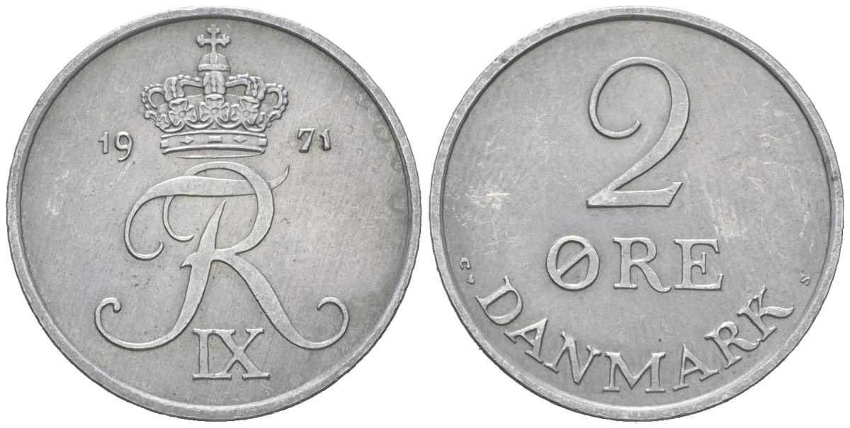 Дания 2 эре 1971 C; S, Фредерик IX (1947-1972) KM 840 цинк aUNC 213-652