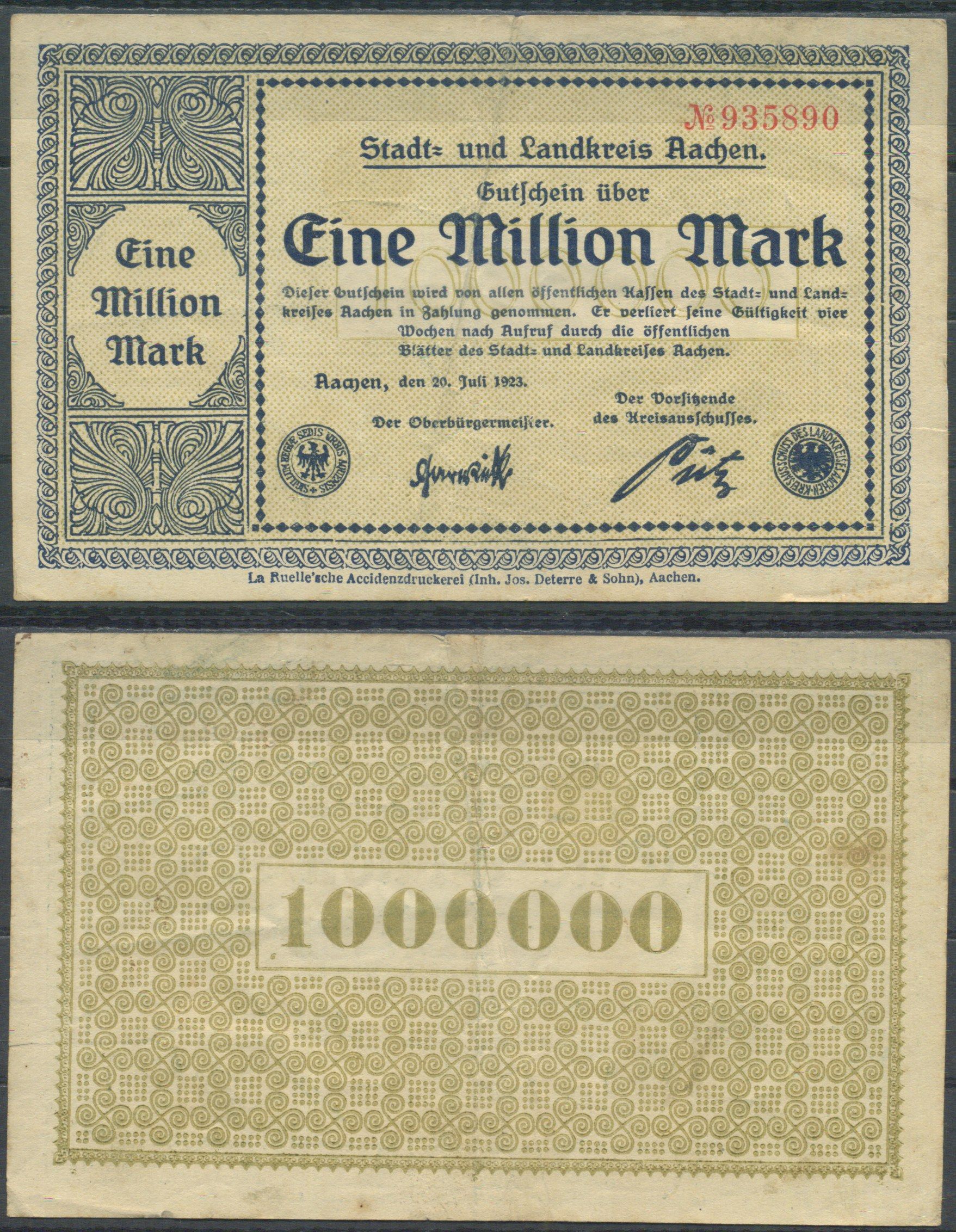 Аахен 1000000 марок 1923 бумага 6285-41-1-1