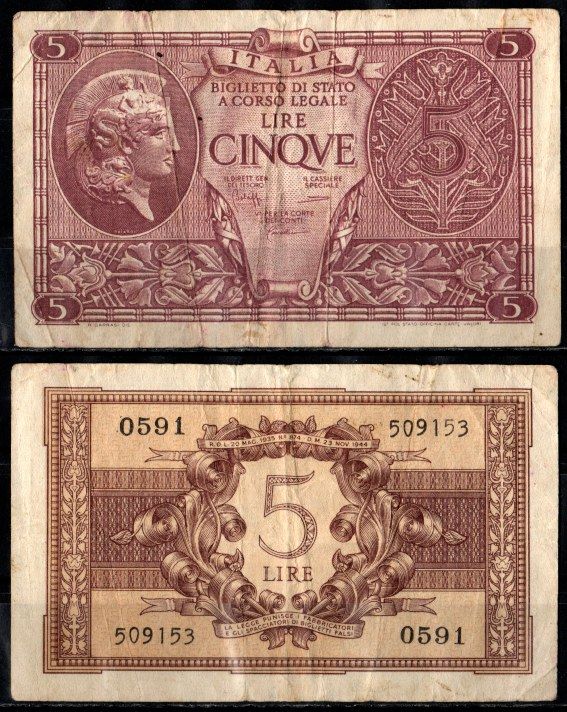 Италия 5 лир 1944 Pick 31 c бумага 2198-28-3-2