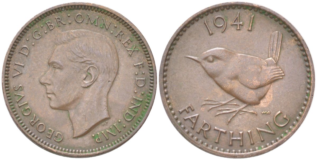 Великобритания 1 фартинг 1941 Георг VI (1936-1952) KM 843, Spink 4116 бронза 4613-511