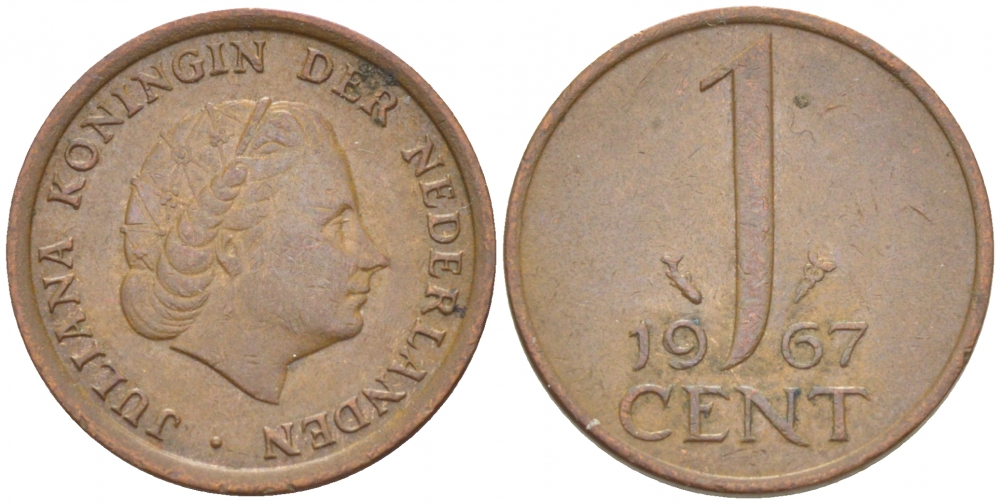 НИДЕРЛАНДЫ 1 ЦЕНТ 1967 ЮЛИАНА KM 180 бронза 3457-1218