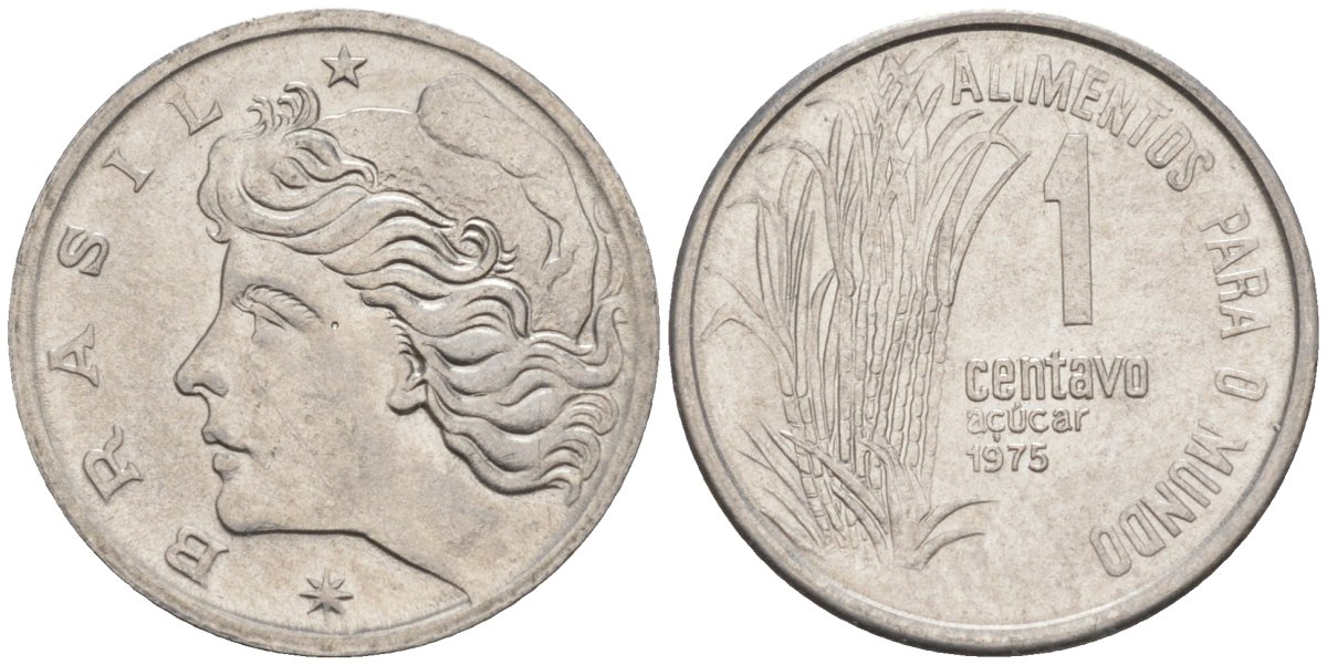 Бразилия 1 сентаво 1975 FAO, сахарный тростник KM 585 нержавеющая сталь 187-527
