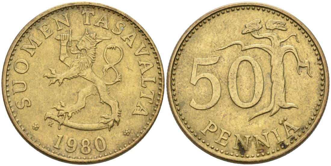ФИНЛЯНДИЯ 50 ПЕННИ 1980 K KM 48 алюминиевая бронза 4563-436