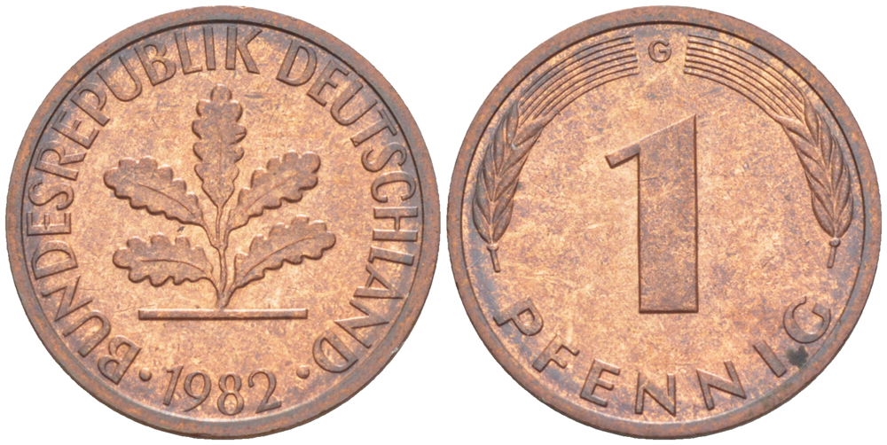 ФРГ 1 ПФЕННИГ 1982 G KM 105, J. 380 сталь плакированная медью 4181-646