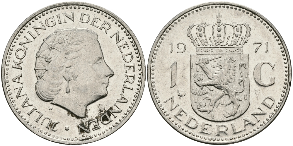 Нидерланды 1 гульден 1971 Юлиана (1948-1980) KM 184а никель 94-631
