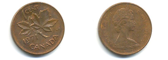 Канада 1 цент 1971 Елизавета II (1952-2022), кленовый лист KM 59.1 бронза 177-1336